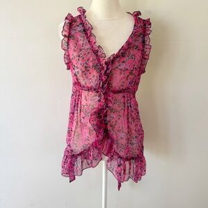 Vintage Women Y2K Sheer Leopard Print Ruffle Button Down Top Small Feminine Pink